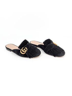 Gucci Marmont GG Fringe Flat Mules Black Suede Size 37 US 7 Women Kiltie Slipper